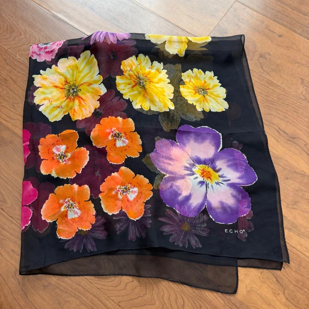 Vintage Floral Square Scarf Black Sheer Purple Yellow Orange Daisy Silk Echo